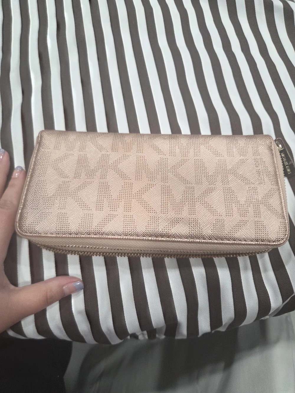 Michael Kors Metallic Rose Gold Zip Wallet with Gold Plaque
